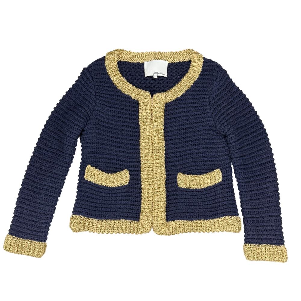 3.1 PHILLIP LIM Knitted Cardigan Size XS Navy Metallic Gold - Picture 2 of 7